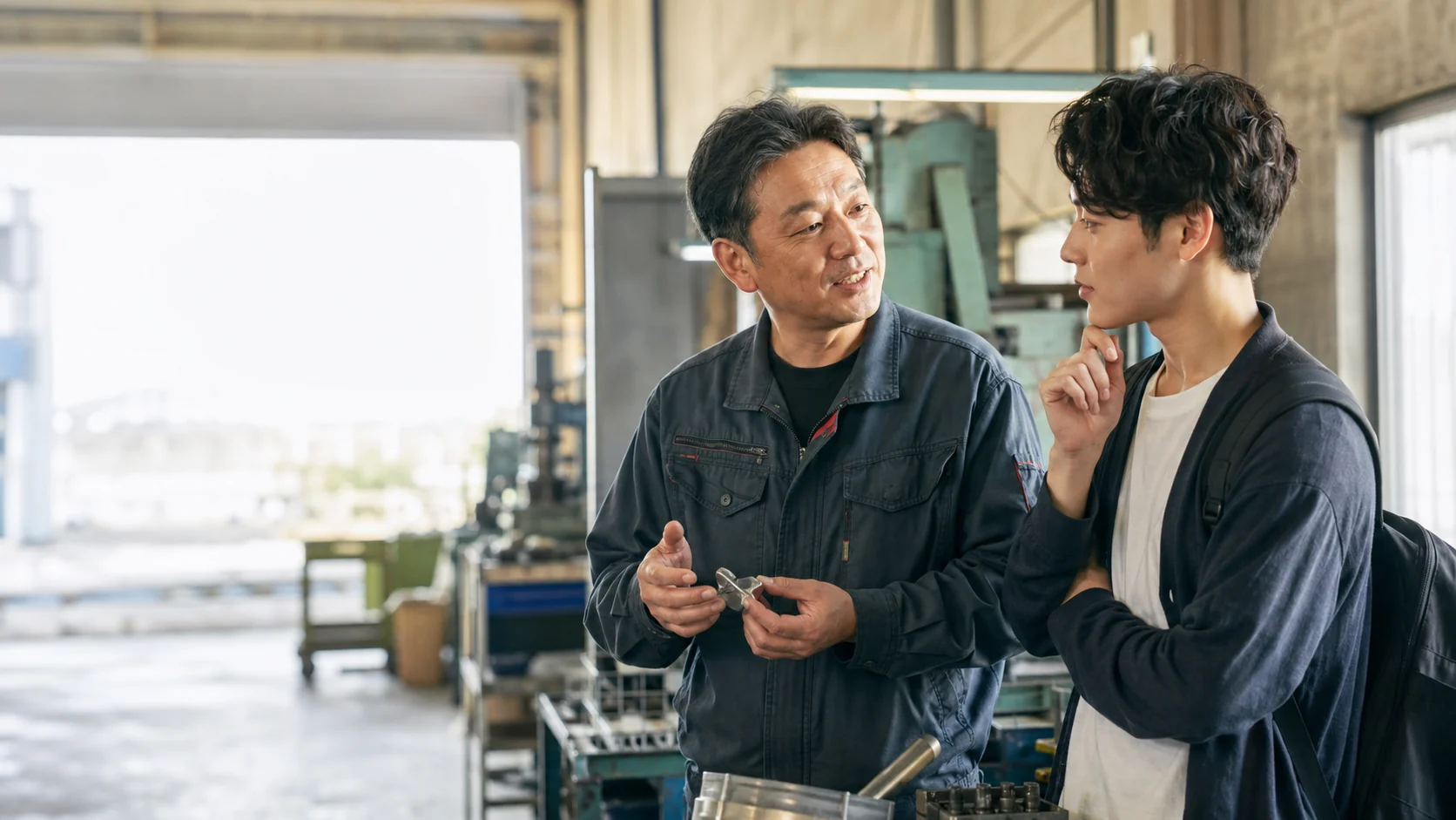 製造現場で若者と社員が自然に対話している様子